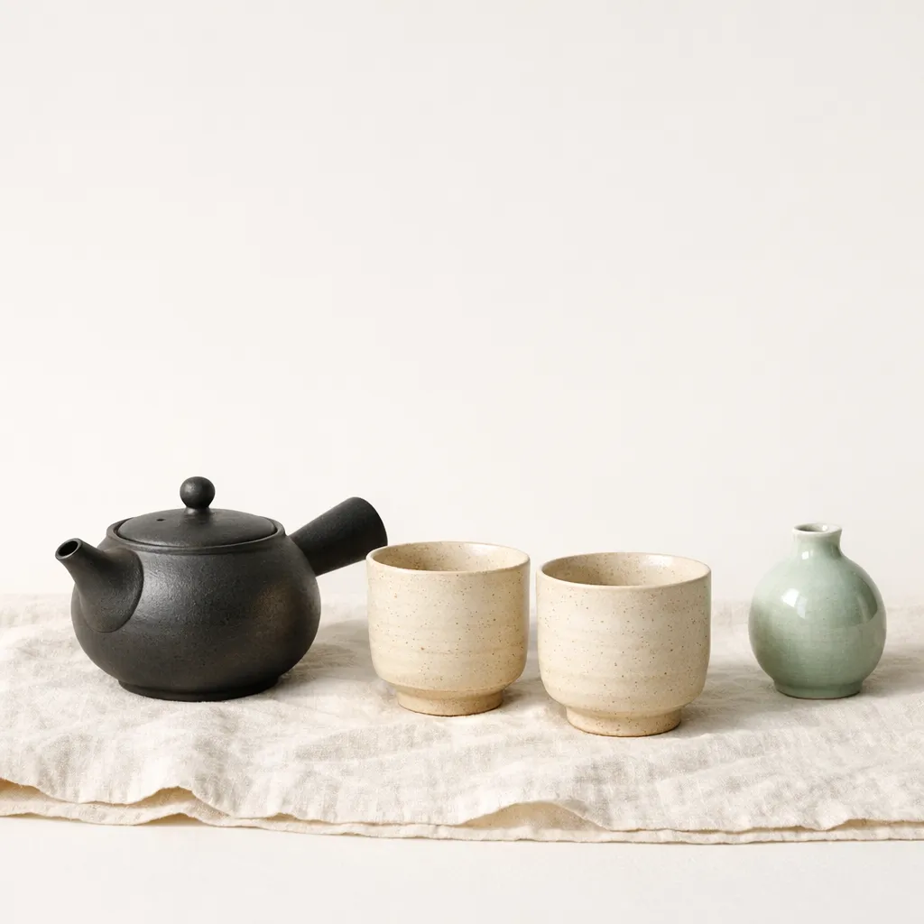 Ấm trà Kyusu Tokoname và chén trà Hagi trên nền trắng ấm