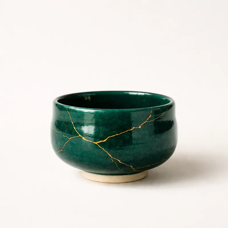 Chén Matcha Kutani men ngọc lục vẽ vàng